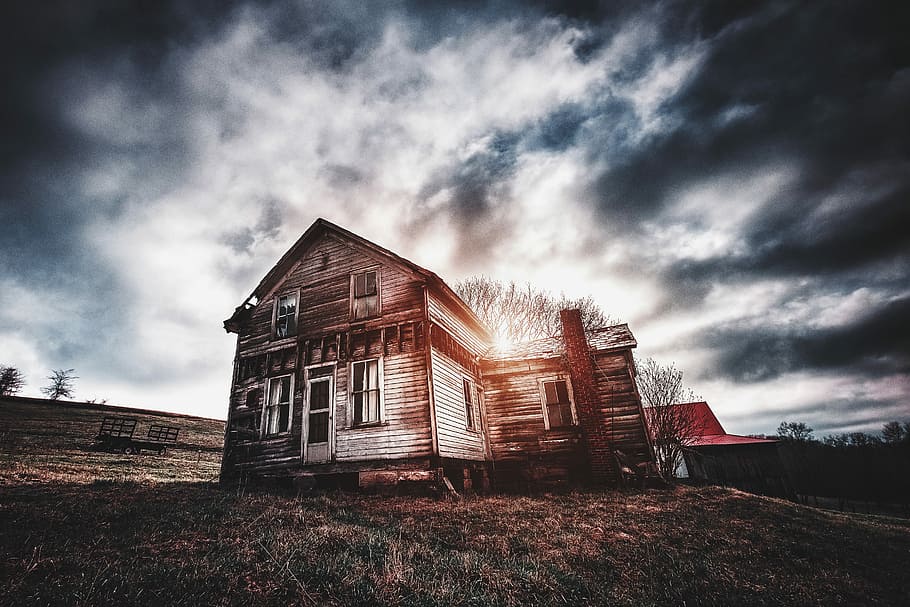 HD wallpaper: brown house on hill, gray wooden house under cloudy sky ...