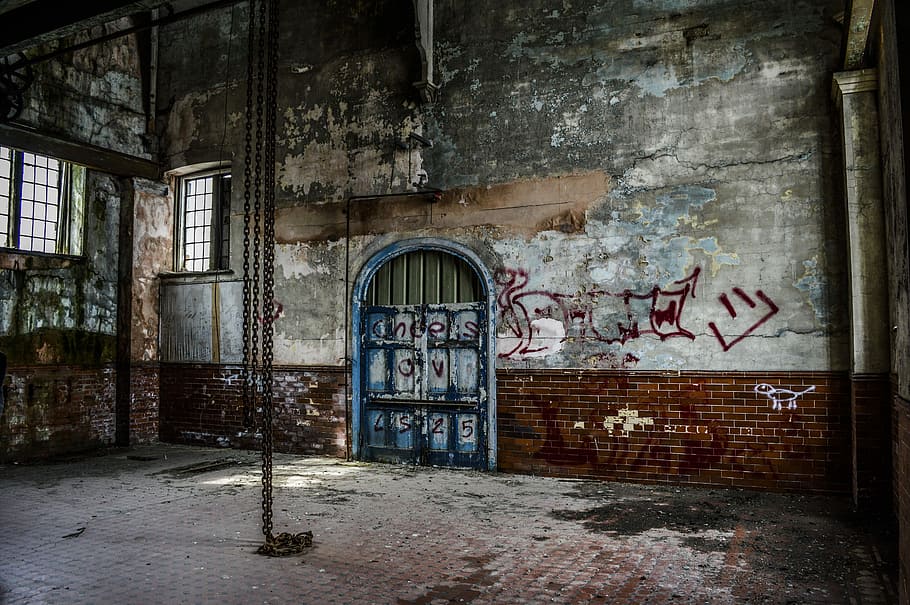 blue steel door, photo of concrete building interior, brick, urban HD wallpaper