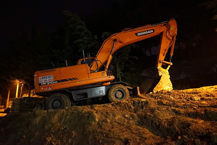 orange excavator, Excavators, Heavy Equipment, fork lane, construction trades, HD wallpaper