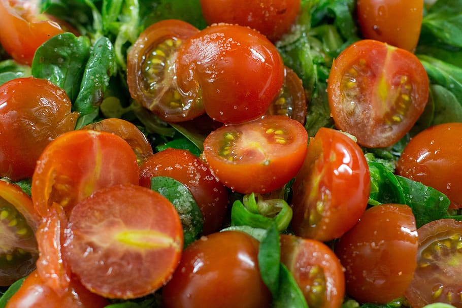 tomatoes, salad, red, food and drink, vegetable, freshness HD wallpaper