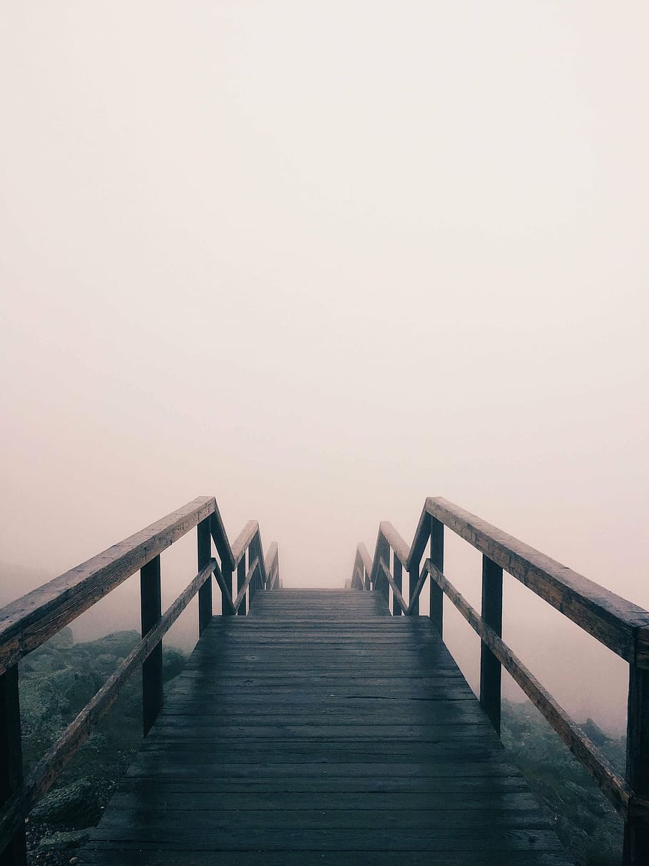 black wooden stair, wooden bridge, foggy, outdoor, path, mist