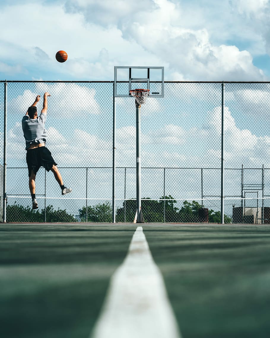 man shooting on basketball hoop, outdoor, ballin, swish, outdoor court