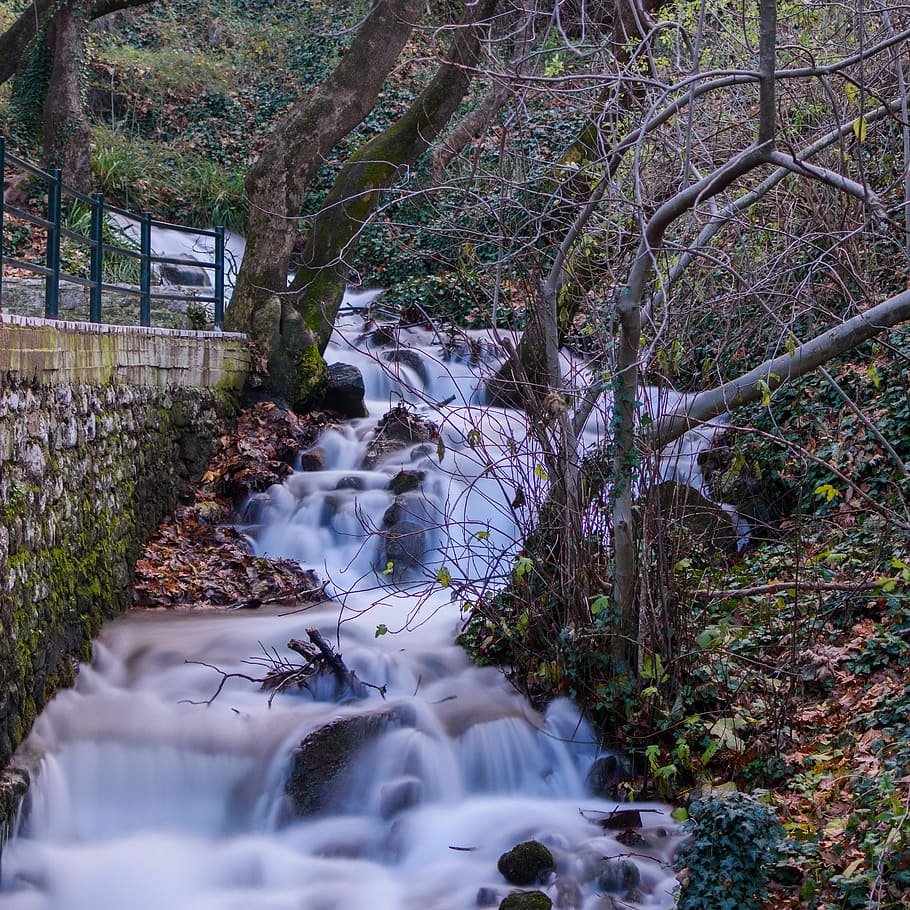 flowing water beside trees during day time, time lapse photography of waterfalls HD wallpaper
