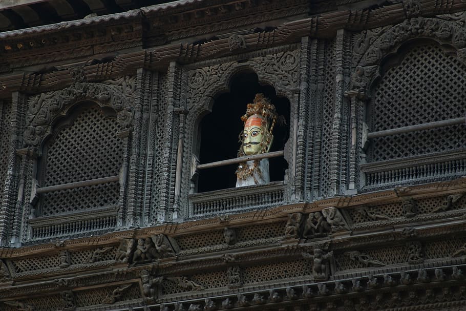 nepal, statue, window, temple, sacred, religion, built structure HD wallpaper