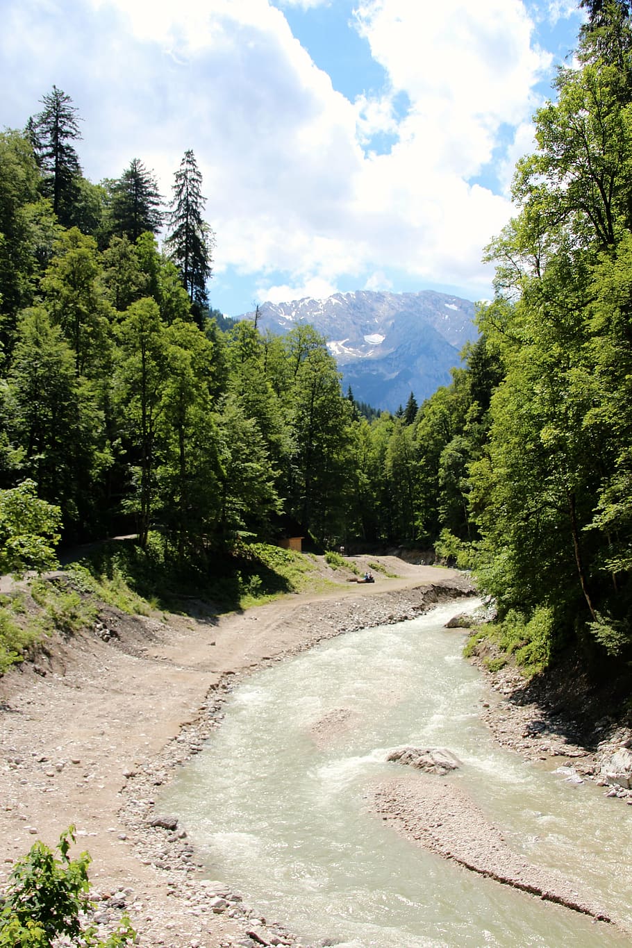 river, alpine, bend, mountains, water, nature, landscape, tree HD wallpaper