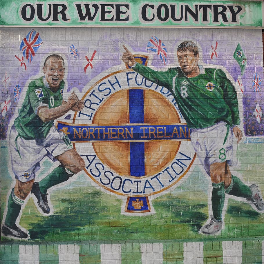 northern ireland, football, mural, belfast, text, male likeness, HD wallpaper