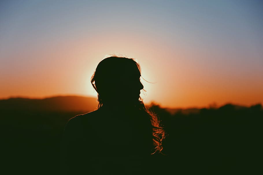 silhouette of person, woman, facing, sunset, girl, looking, dusk