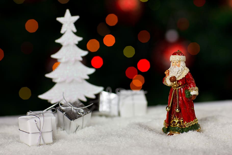 Santa Claus figurine, christmas, gift, light, man, merry, nicholas HD wallpaper