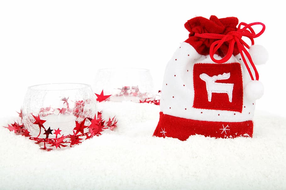 white and red drawstring pouch, bag, celebration, christmas, concept, HD wallpaper
