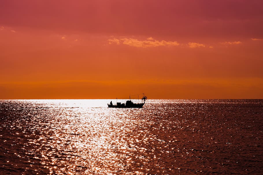 Sunset, Boat, Shadow, Colors, Sea, sunset colors, sky, nature HD wallpaper
