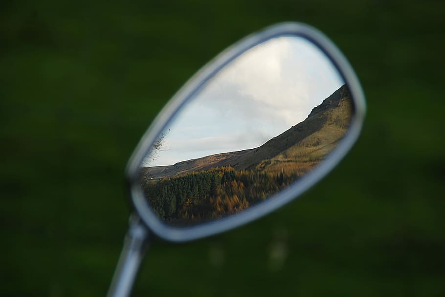 mountain range reflection, motorcycle side mirror showing grass fields HD wallpaper