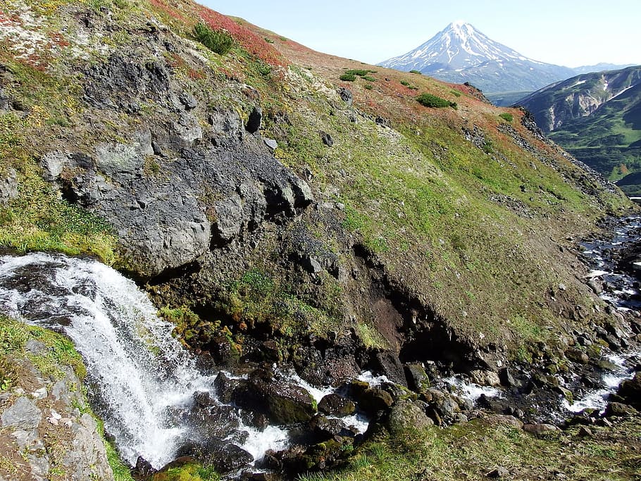 waterfall, volcano, creek, mountains, valley, height, mountain plateau, HD wallpaper