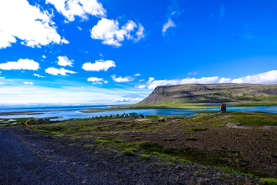 sea, landscape, nature, sky, clouds, field, grass, ground, idyllic HD wallpaper