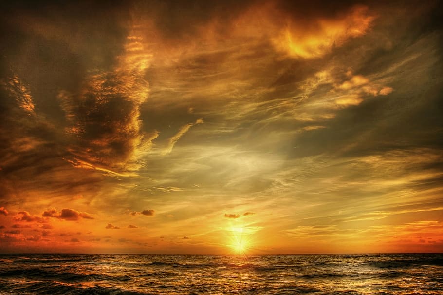 silhouette photo of ocean during sunset, north sea, denmark, beach, HD wallpaper
