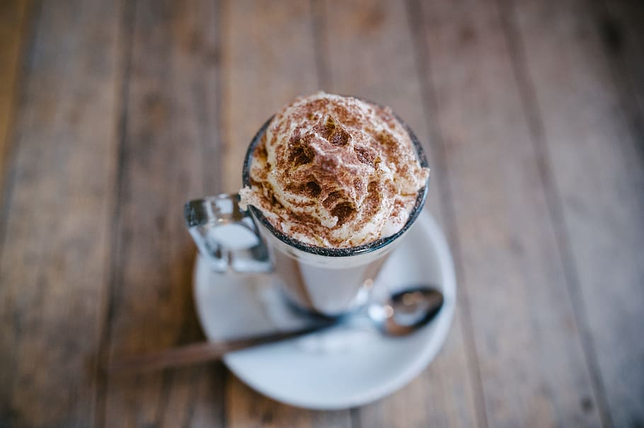 clear glass cup with cappuccino, breakfast, chocolate, coffee HD wallpaper