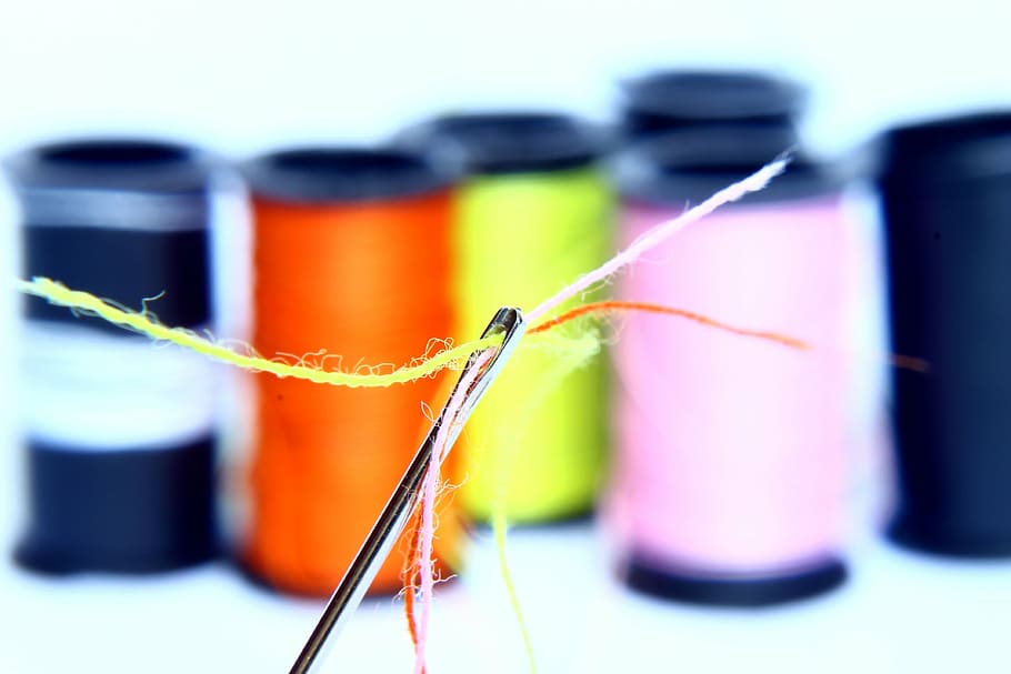tilt shift photo of thread with needle, lines, sewing, eye of the needle, HD wallpaper