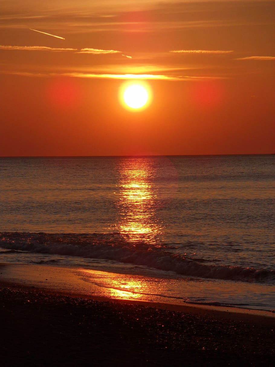 sunset, beach, sea, evening sky, abendstimmung, afterglow, water HD wallpaper