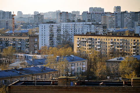 aerial photo of city, moscow, russia, rooftops, soviet, architecture HD wallpaper