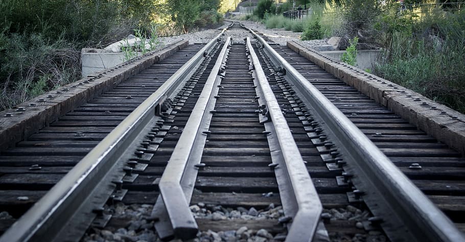 empty train rail, track, railroad, structure, perspective, rail transportation HD wallpaper
