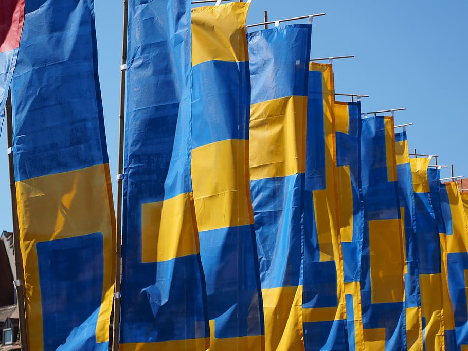 flags, blow, flutter, commemorative event, ulm, yellow, blue HD wallpaper