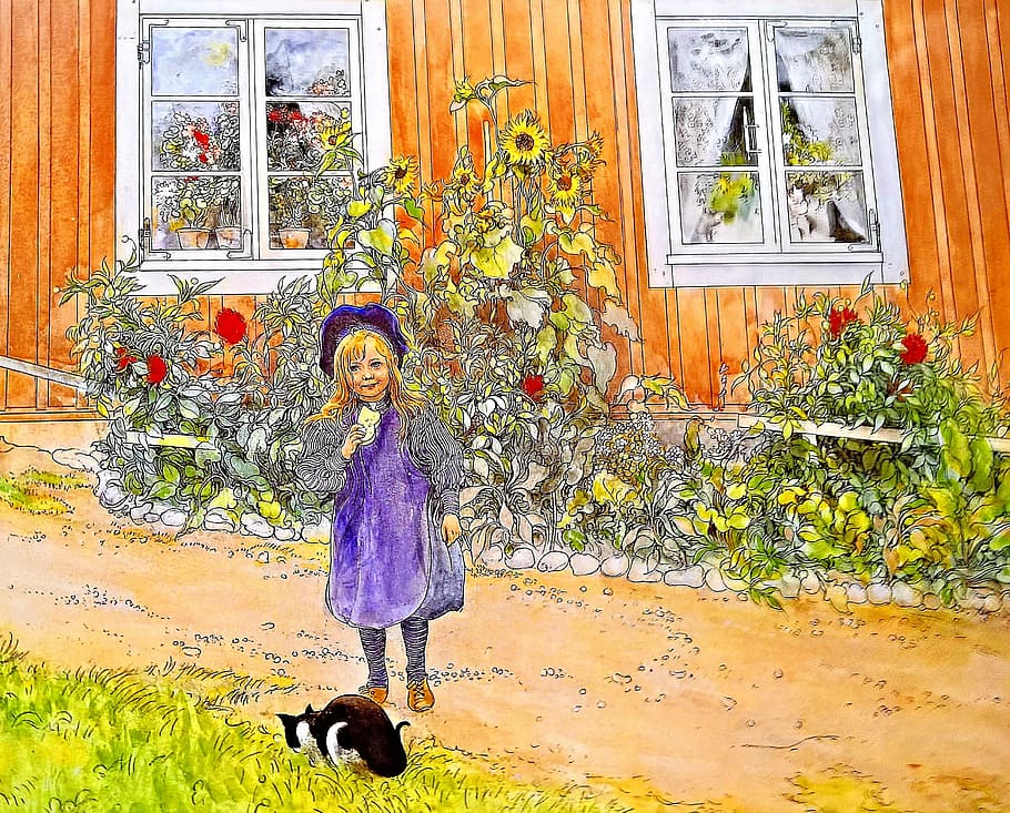 painting of girl and black cat outside house, art, girl with bread-and-butter, HD wallpaper