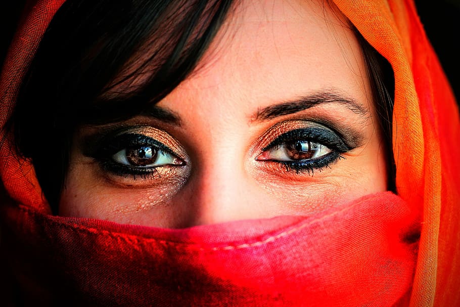 woman wearing red veil, hijab, women's, human, portrait, face