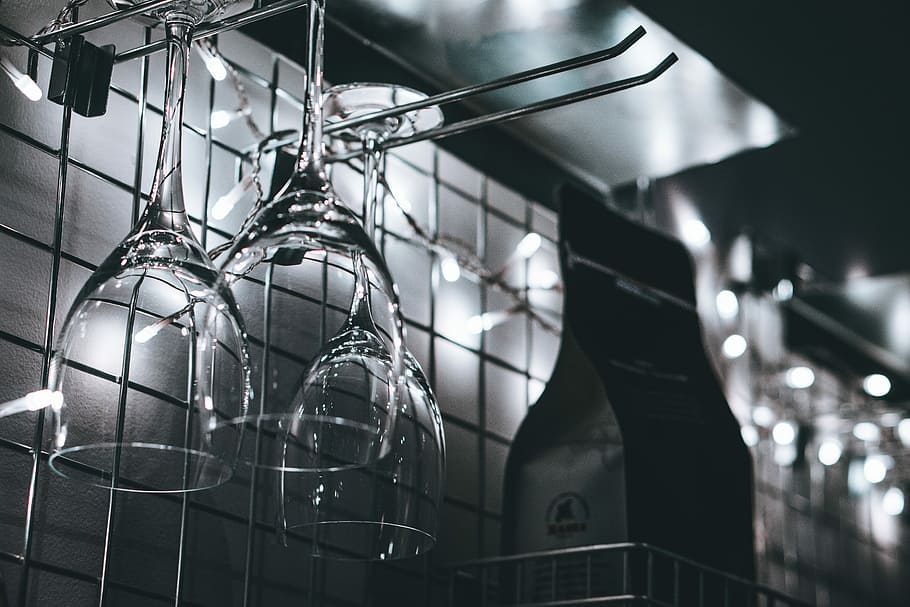 wine glasses hanging on rack, grayscale photography of clear wine glasses HD wallpaper