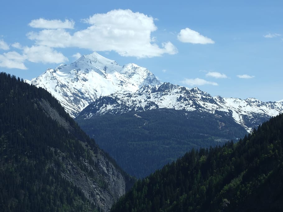 snow, landscape, mountains, nature, clouds, conifers, environment HD wallpaper