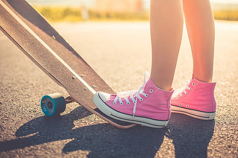 Happy Girl with Pink Shoes Ready to Longboard Ride, active, enjoying HD wallpaper