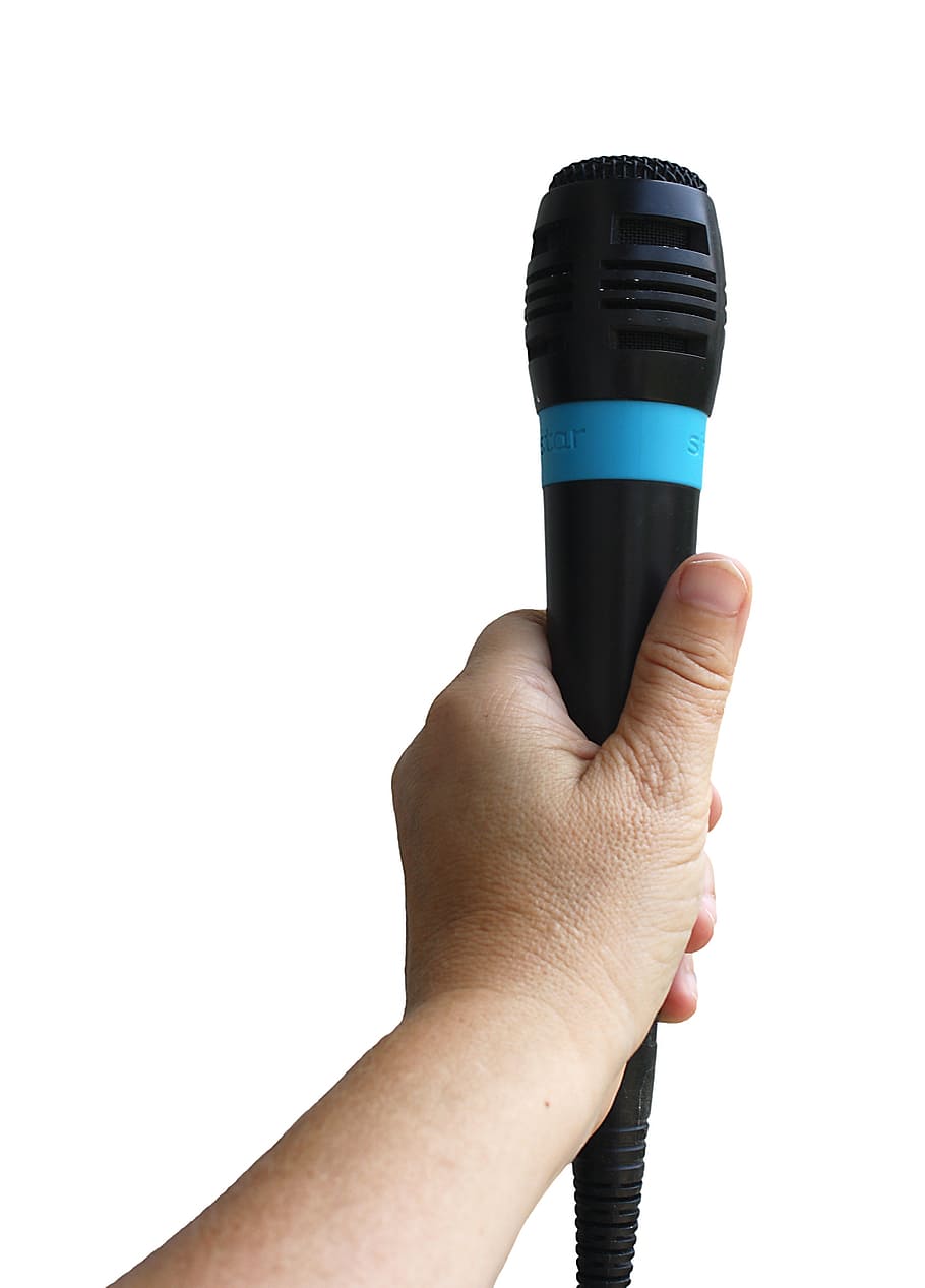 person holding black and blue corded microphone, hand, karaoke HD wallpaper