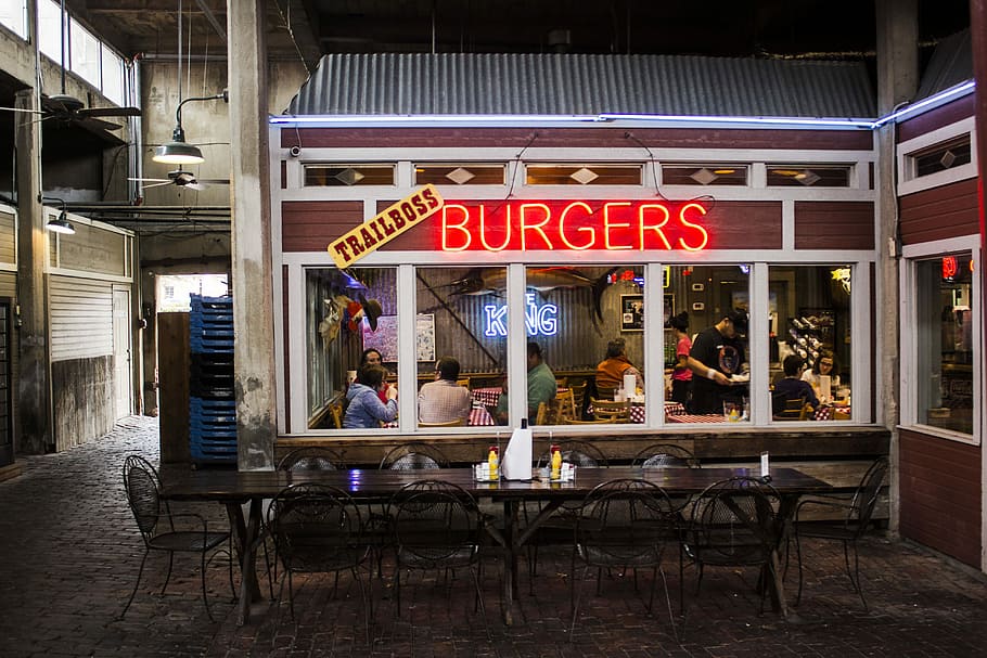 Stock Yards, Burgers store with lighted signage, eatery, trailboss, HD wallpaper