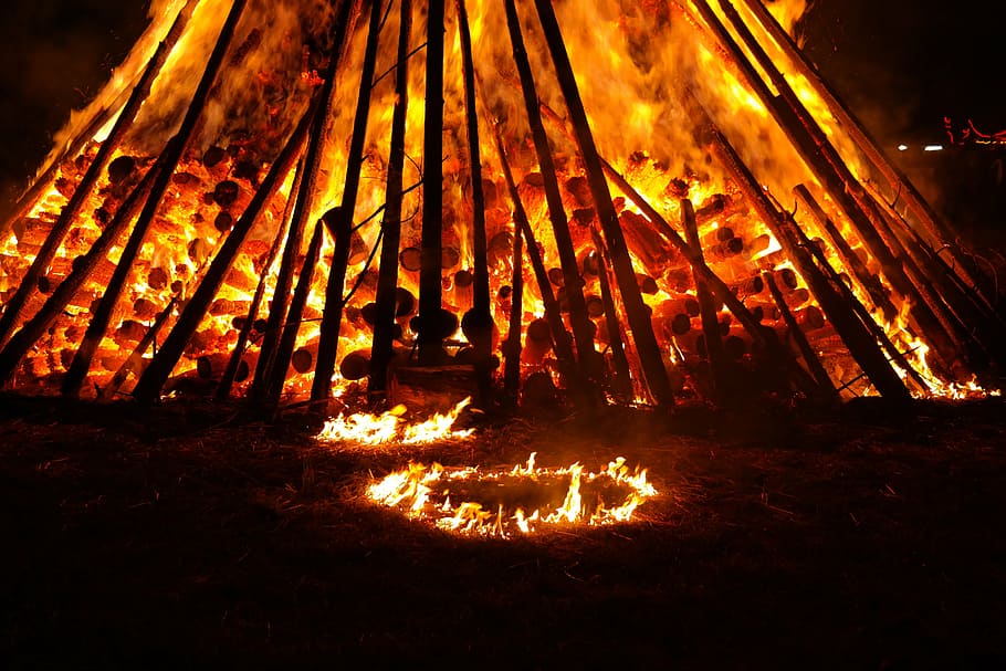 bonfire during nighttime, fire districts, hot, heat, burn, flame HD wallpaper