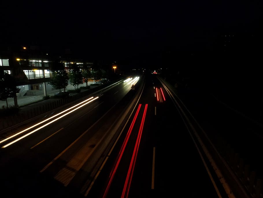 road, highway, night, lights, long exposure, spotlight, back light HD wallpaper