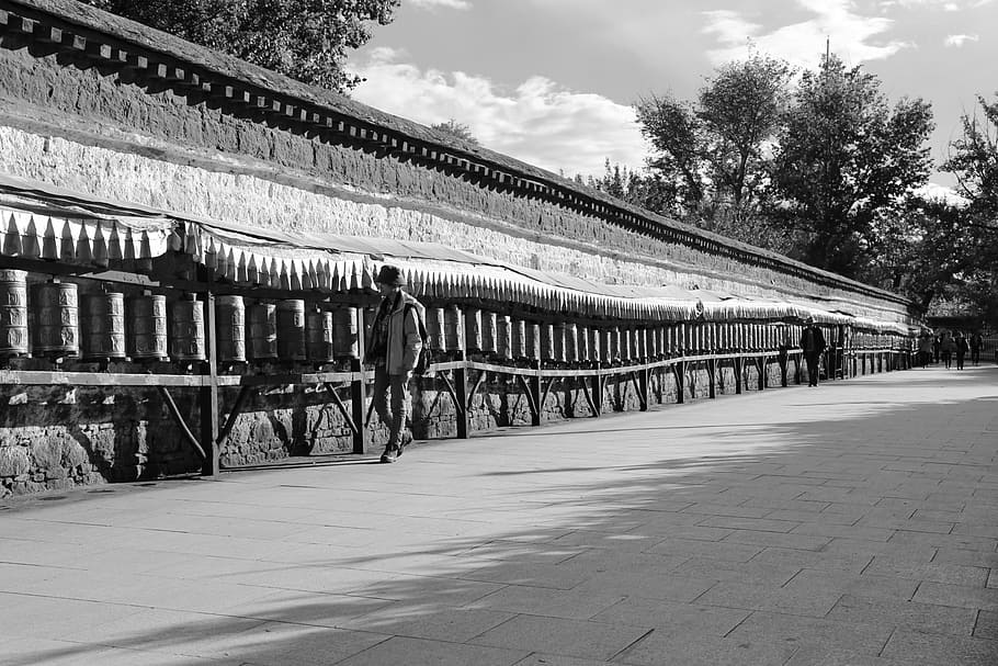 potala square, passers, prayer wheel, architecture, built structure HD wallpaper