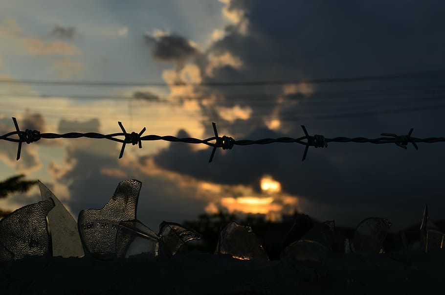 barb wire, gloomy sky, barbed, fence, protection, border, barbwire
