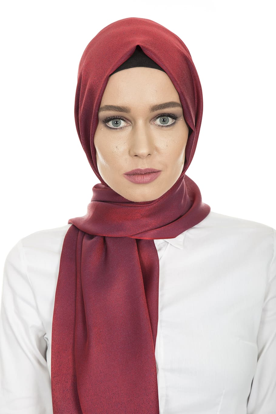 woman in white top and red headscarf, hijab, head cover, hair