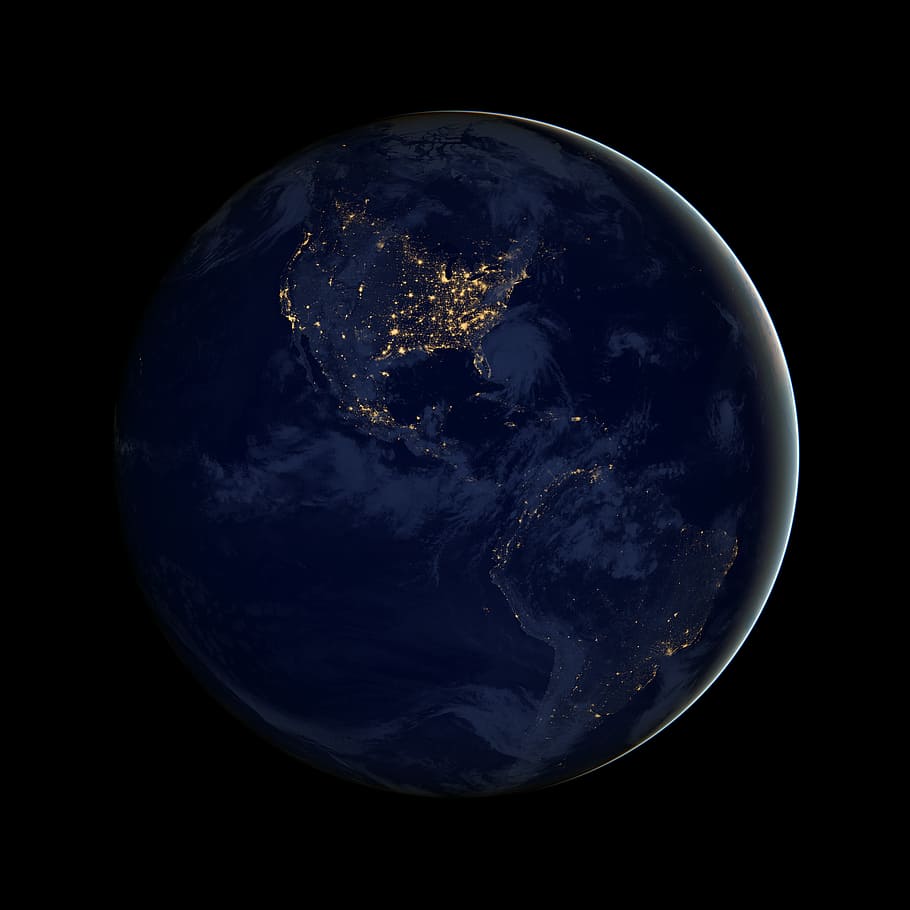 planet earth illustration, americas, globe, cities, lights, space