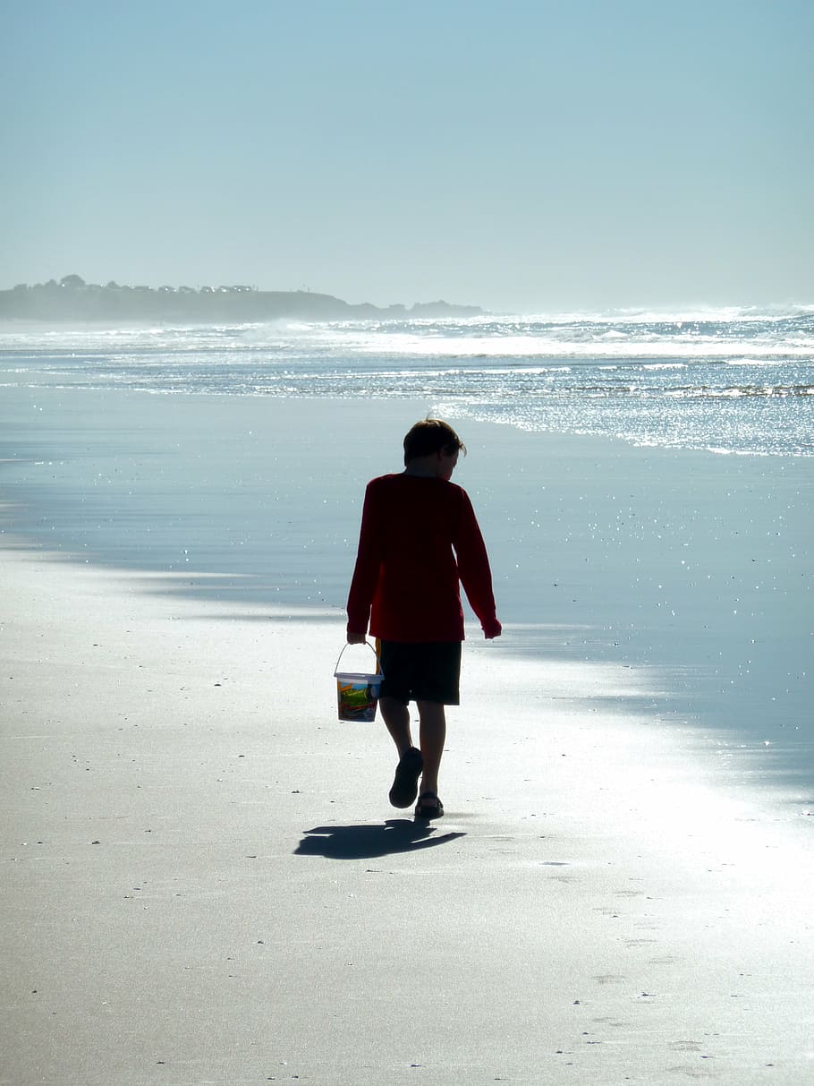 boy, walk, bucket, alone, sand, beach, seaside, seascape, rear view, HD wallpaper
