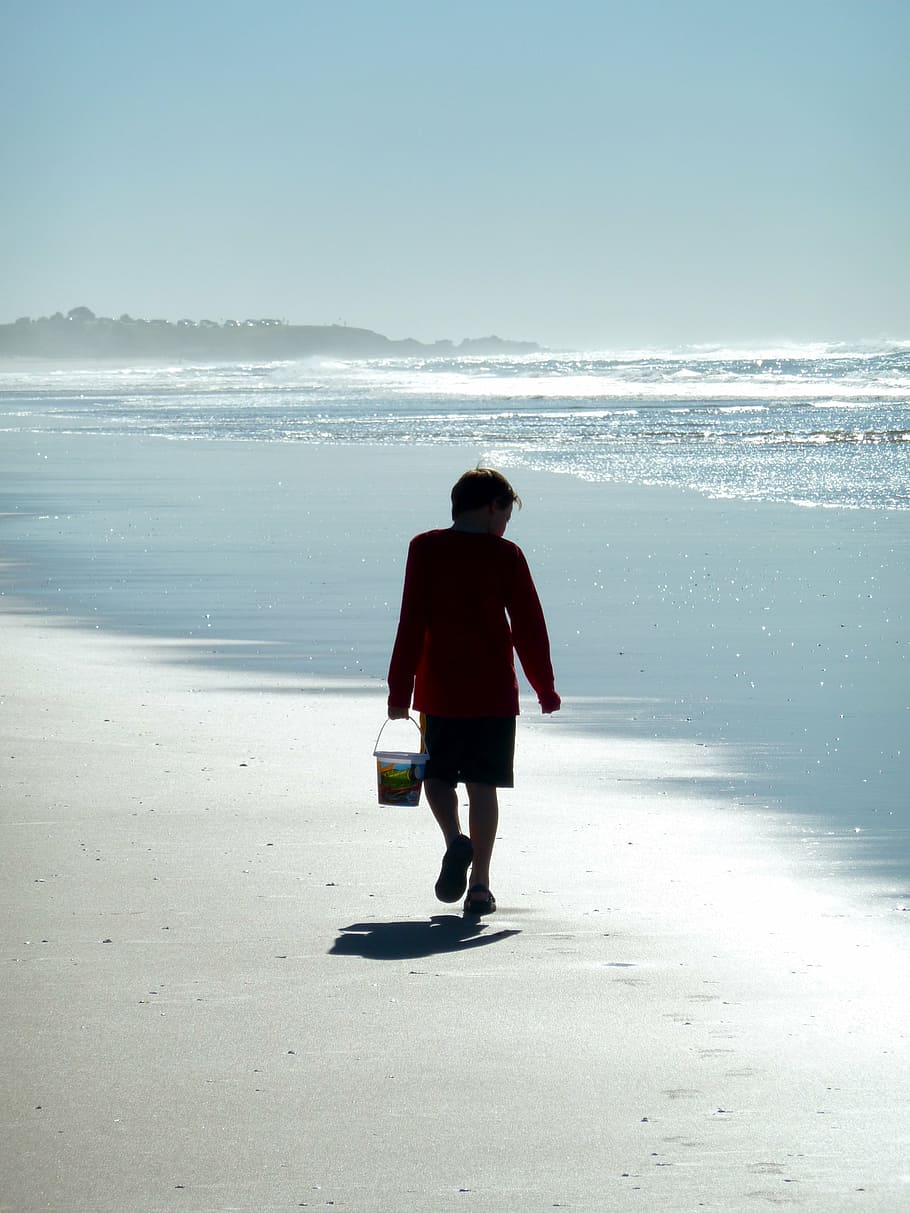 boy, walk, bucket, alone, sand, beach, seaside, seascape, rear view HD wallpaper