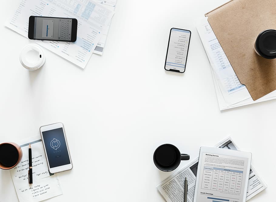 aerial photo of phones and papes on able, technology, communication HD wallpaper
