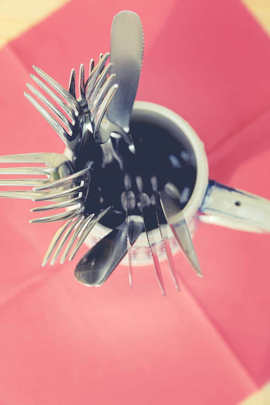 silver fork in mug, knife, kitchen, utensils, cup, steel, colored background HD wallpaper