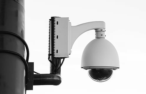 white security camera on post, white security camera, black and white HD wallpaper