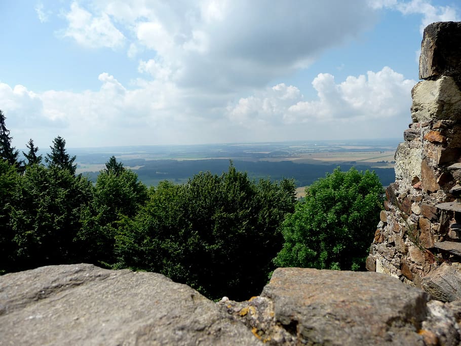 view, castle, ruins, castle lichnice, clouds, landscape, forests HD wallpaper