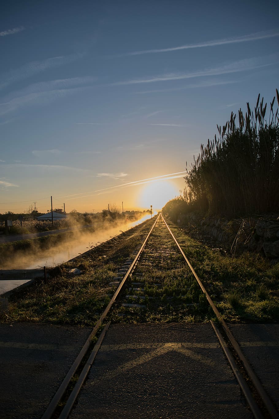 via, dawn, sun, horizon, train, sky, rail transportation, sunset HD wallpaper