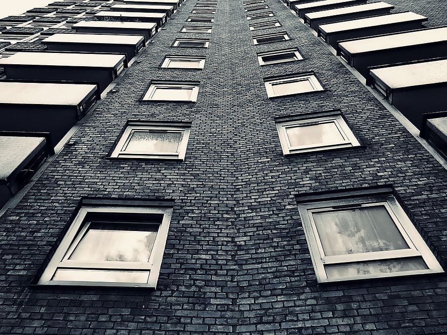 black-and-white, building, bricks, architecture, brick wall, low angle shot HD wallpaper