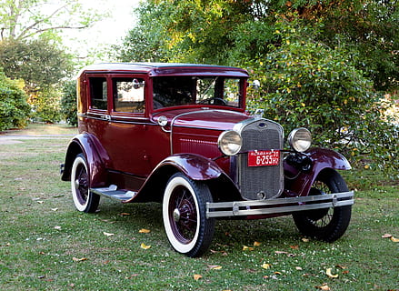 classic red and gray car parked on green grass lawn, Vintage car HD wallpaper