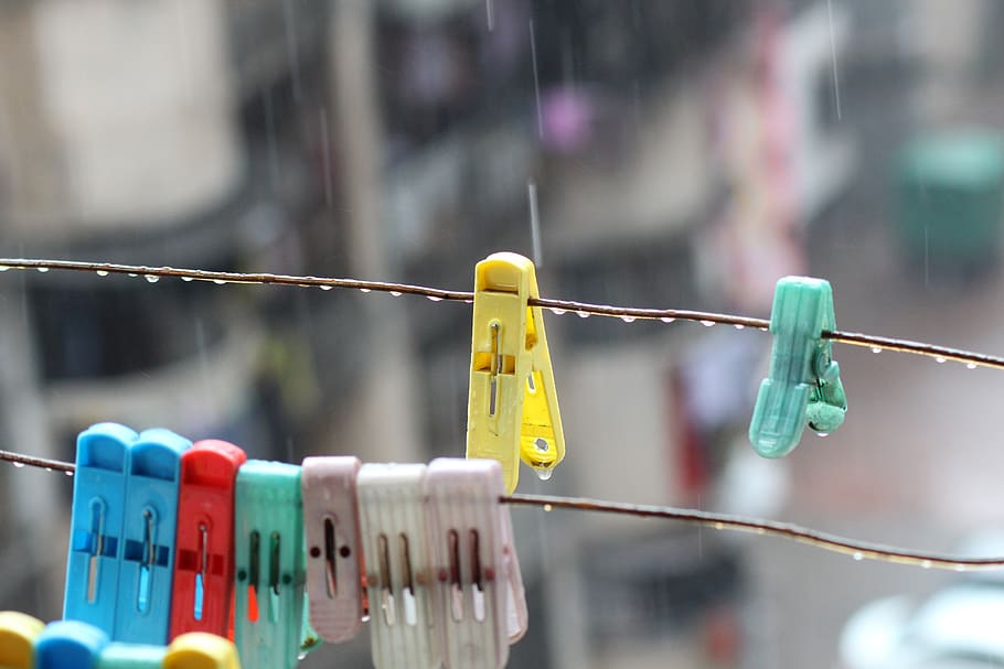 rain, clothespin, hang, water, plastic, laundry, wet, clothesline, HD wallpaper