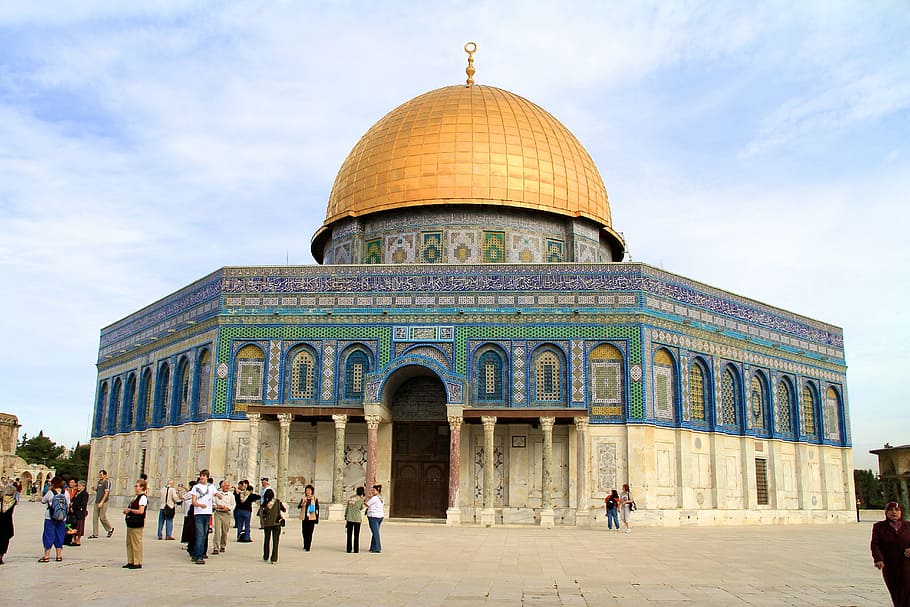 people standing in front of mosque, dome of the rock, temple mount