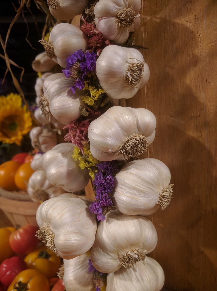 garlic, vegetable, group, food, fresh, plant, spice, healthy food HD wallpaper