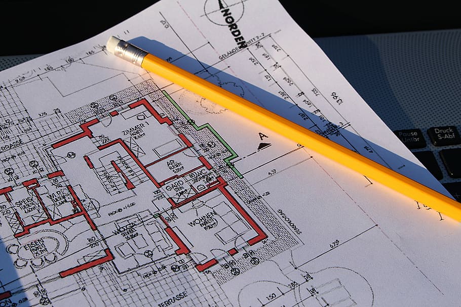 yellow pencil on blueprint paper, building plan, laptop, visit HD wallpaper